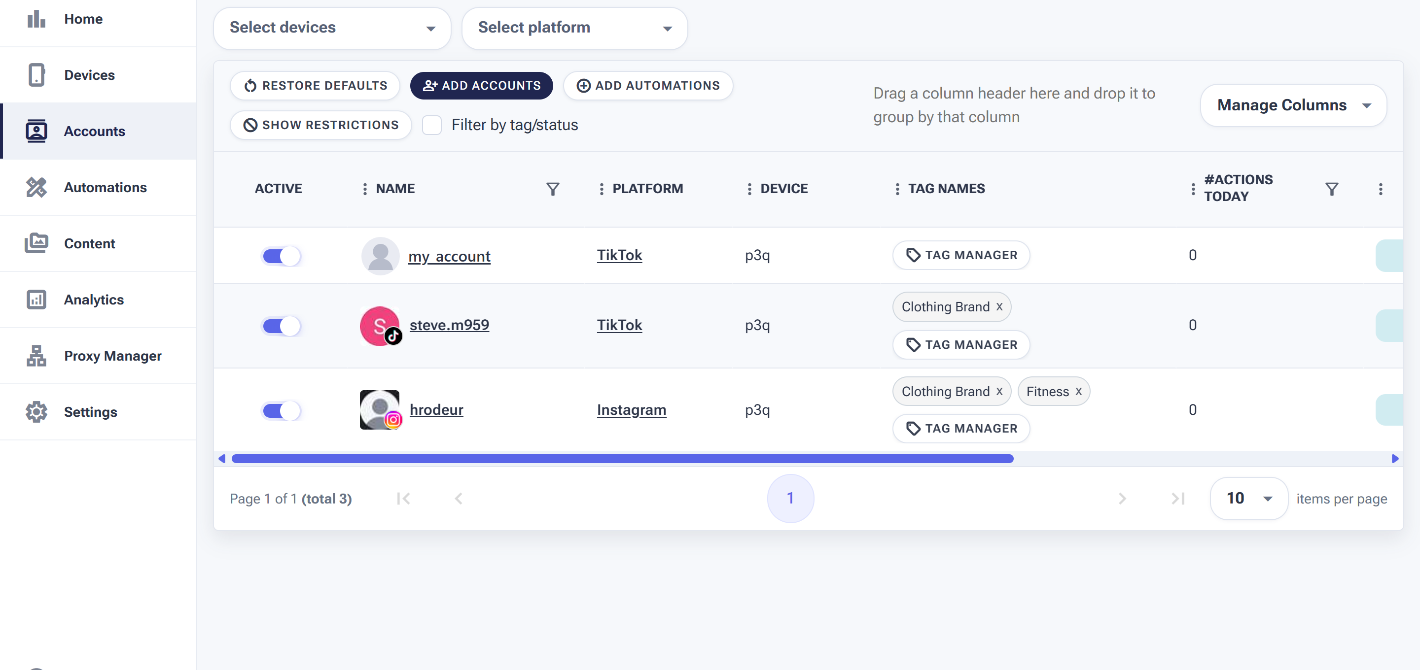 The Accounts page with Active toggle, account name and avatar, Platform, Device, Tag Names (Tag Manager) and #Actions Today, plus Add Accounts, Add Automations and Show Restrictions buttons