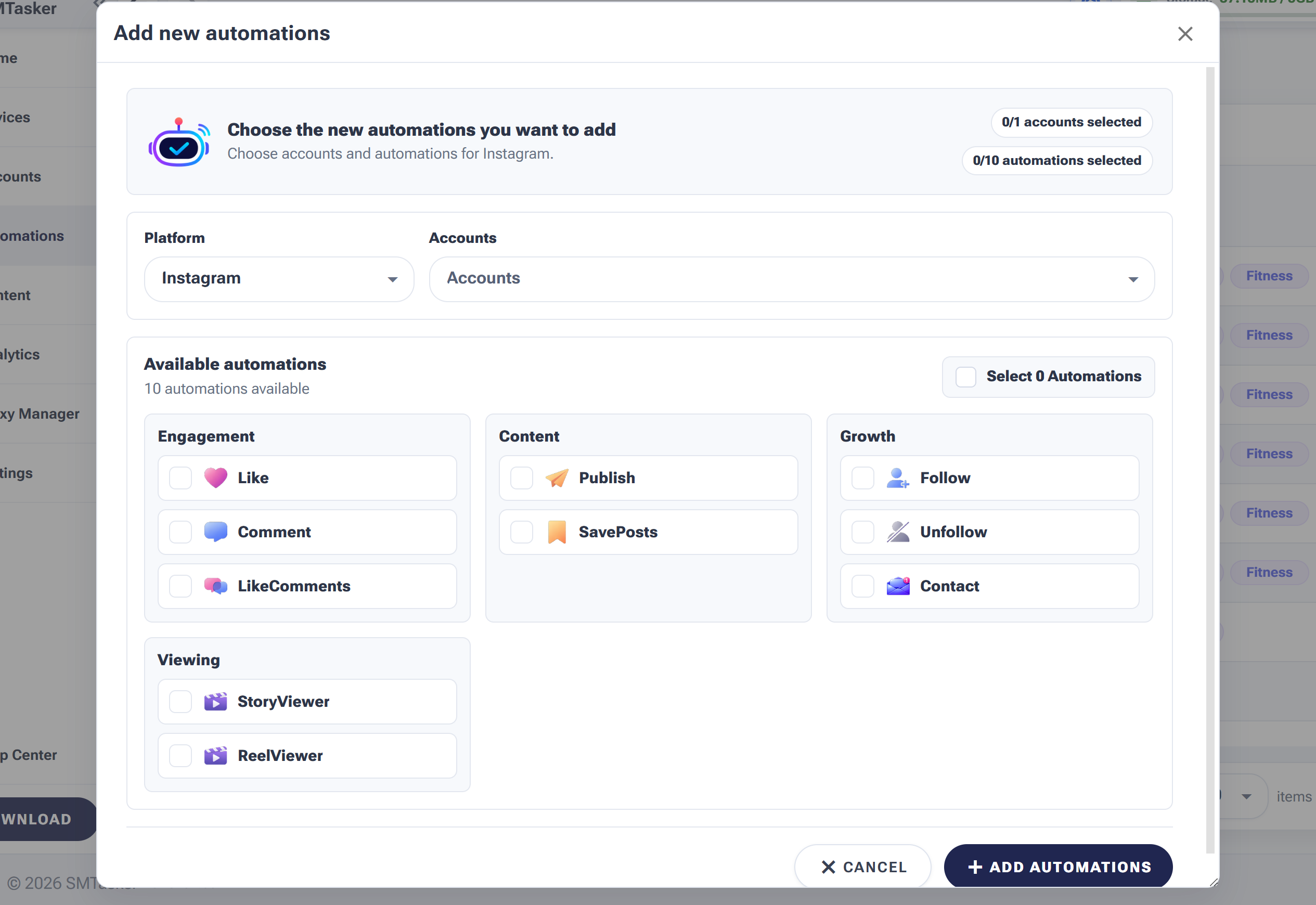The Add new automations dialog: pick a platform, choose accounts, and tick the tools grouped by Engagement, Content, Growth and Viewing