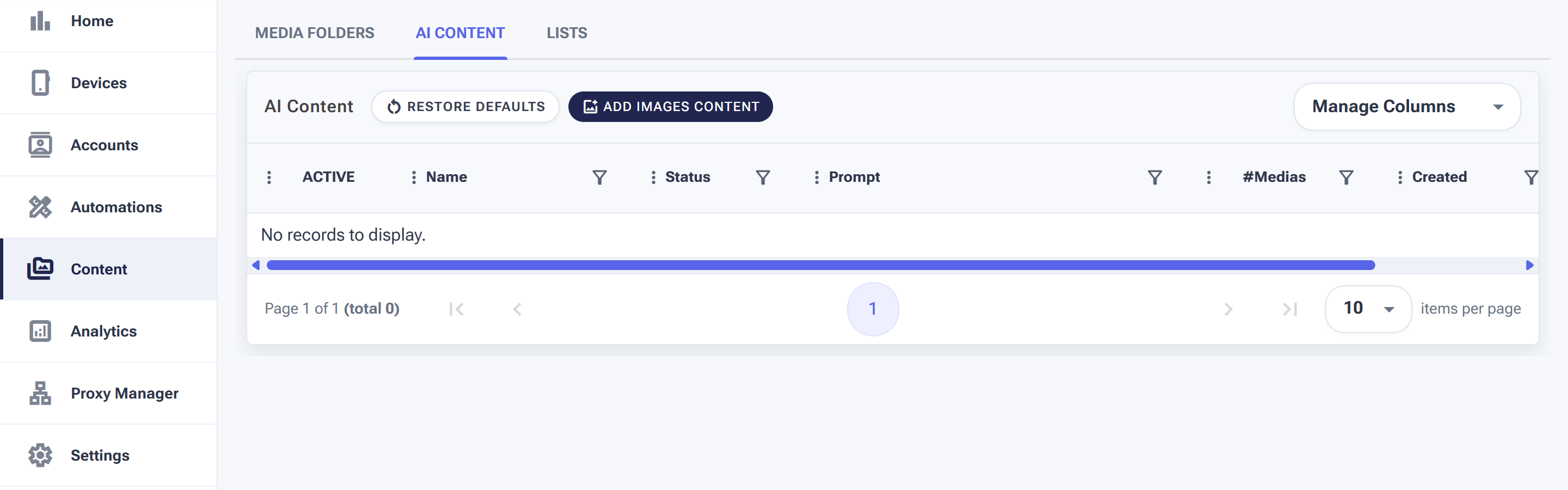 The AI Content tab with an Add Images Content button and a table of generated content showing Active, Name, Status, Prompt and #Medias columns