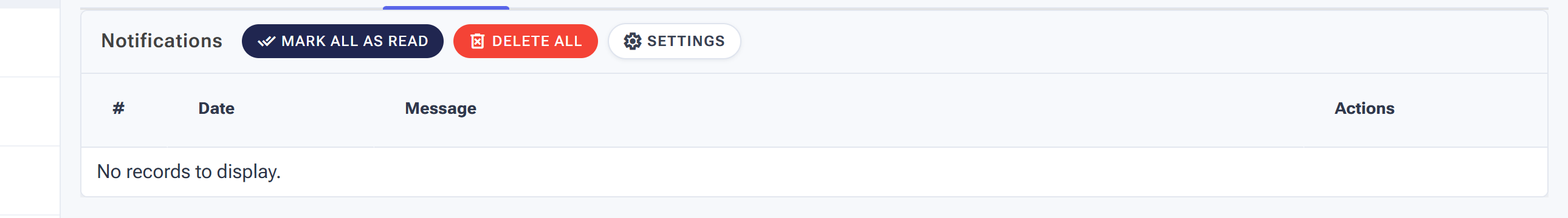 The Notifications tab with Mark all as read, Delete all and Settings buttons above a Date / Message table