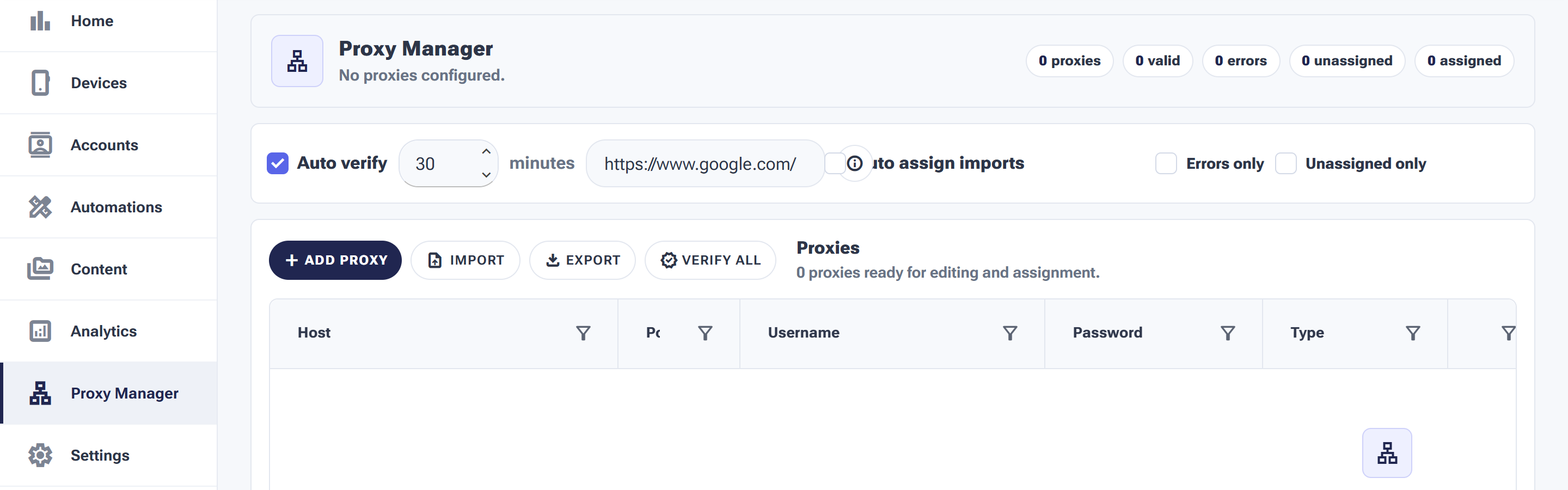 The Proxy Manager with proxy counts (valid, errors, unassigned, assigned), an Auto-verify schedule, Add Proxy / Import / Export / Verify All buttons and the proxy table