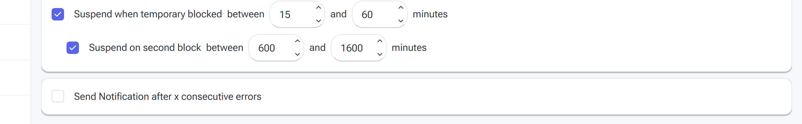 The Settings Tools tab with Suspend when temporarily blocked, Suspend on second block, and Send notification after consecutive errors options