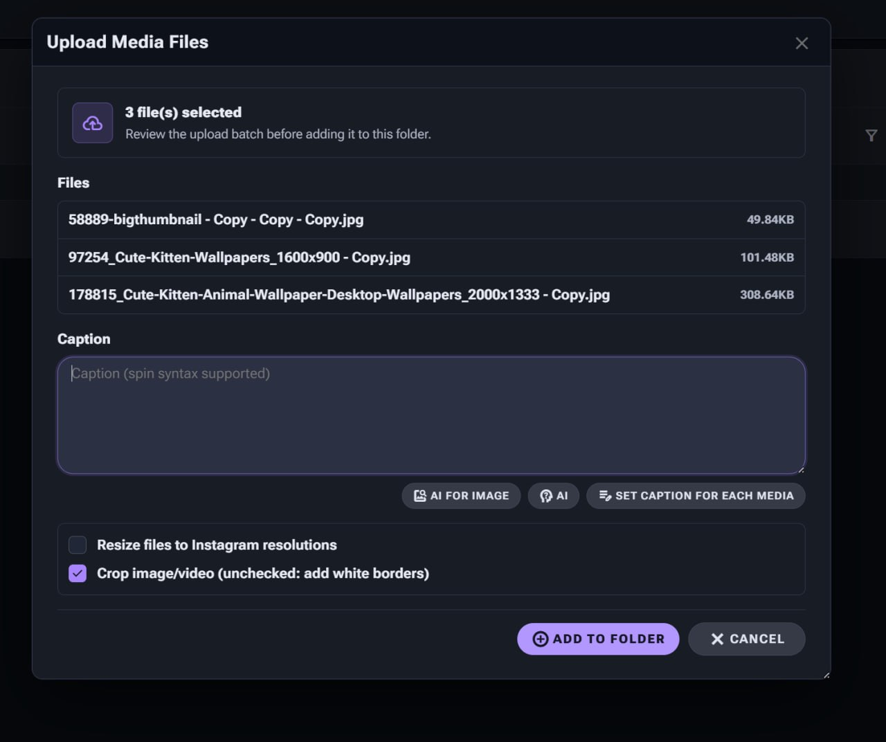 The Upload Media Files dialog: a review list of the selected files, a Caption field marked spin syntax supported with AI FOR IMAGE, AI and SET CAPTION FOR EACH MEDIA buttons beneath it, and Resize files to Instagram resolutions and Crop image/video options