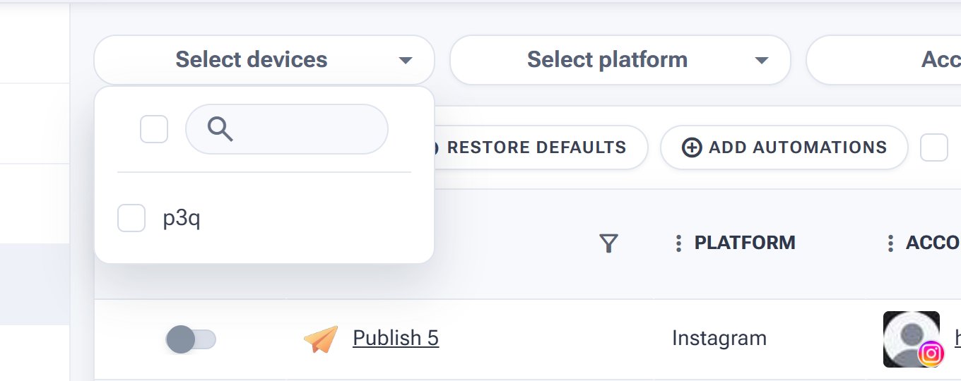The Select devices filter dropdown for narrowing the dashboard to specific phones