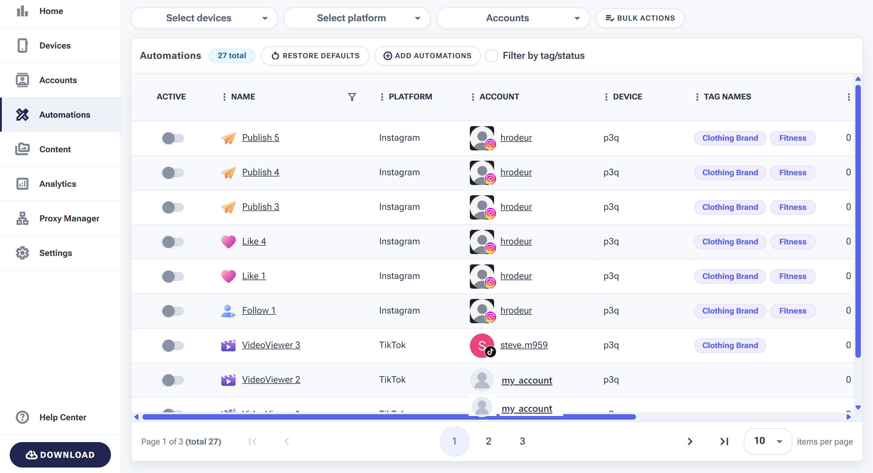 The Automations dashboard: a table of all tools with Active, Name, Platform, Account, Device and Tag columns, plus filters