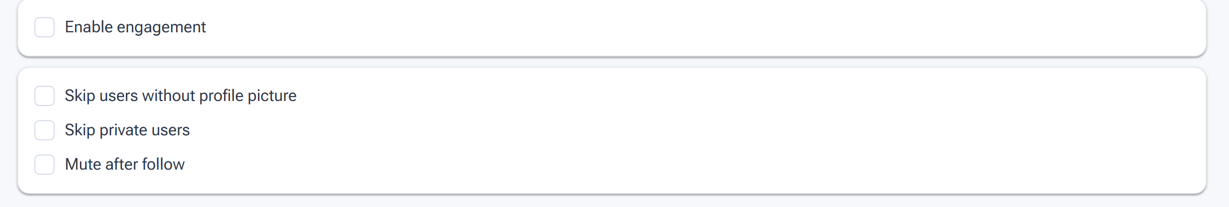 Close-up of the Enable engagement checkbox and the Skip and Mute after follow options