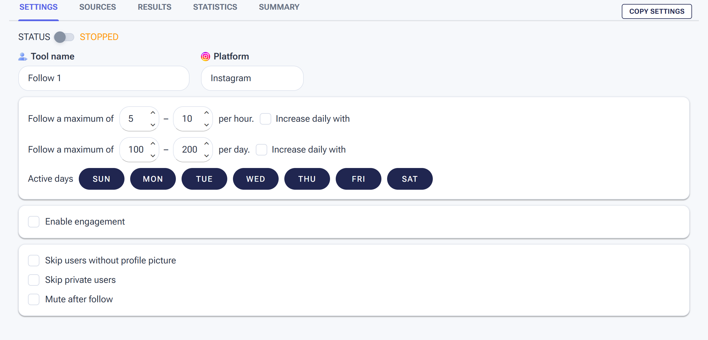 The Follow tool Settings tab with status, tool name, platform, limits, active days and safety options