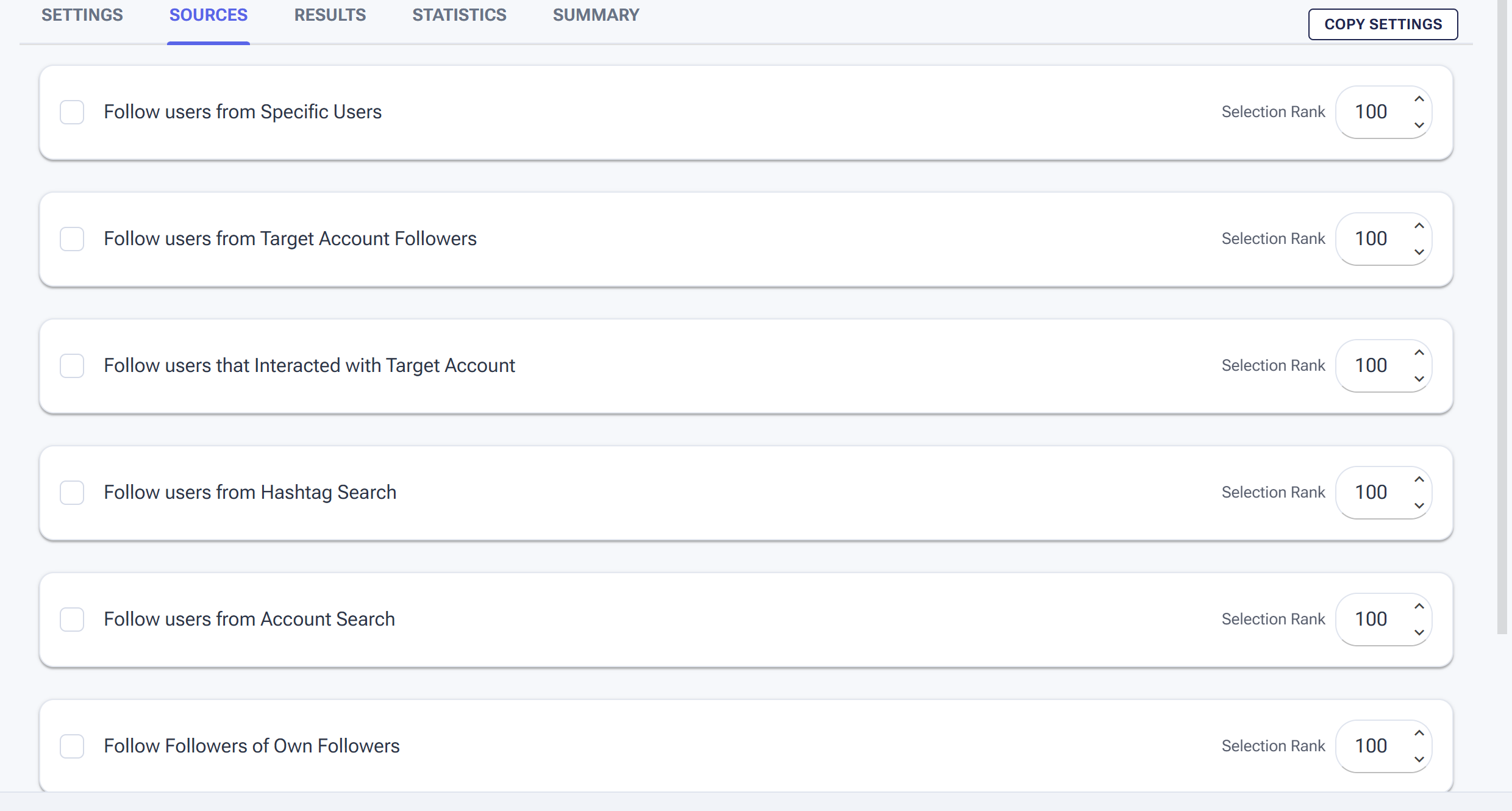 The Follow tool Sources tab listing the six source types, each with a checkbox and selection rank
