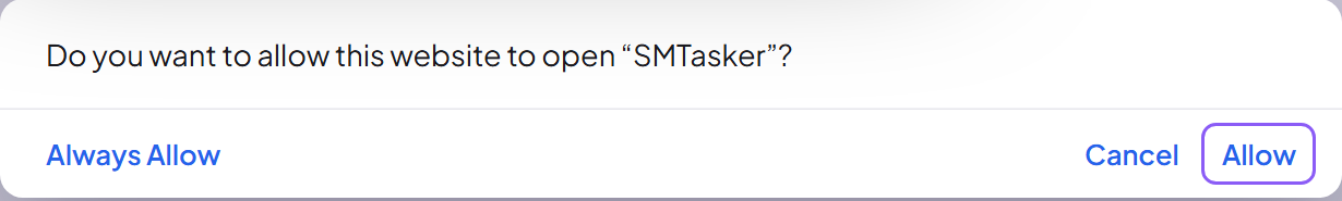 The browser prompt: Do you want to allow this website to open SMTasker? with the Allow button highlighted
