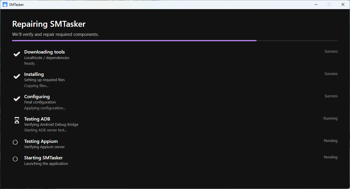 The SMTasker Windows client installer verifying components: downloading tools, installing, configuring, then testing ADB and Appium