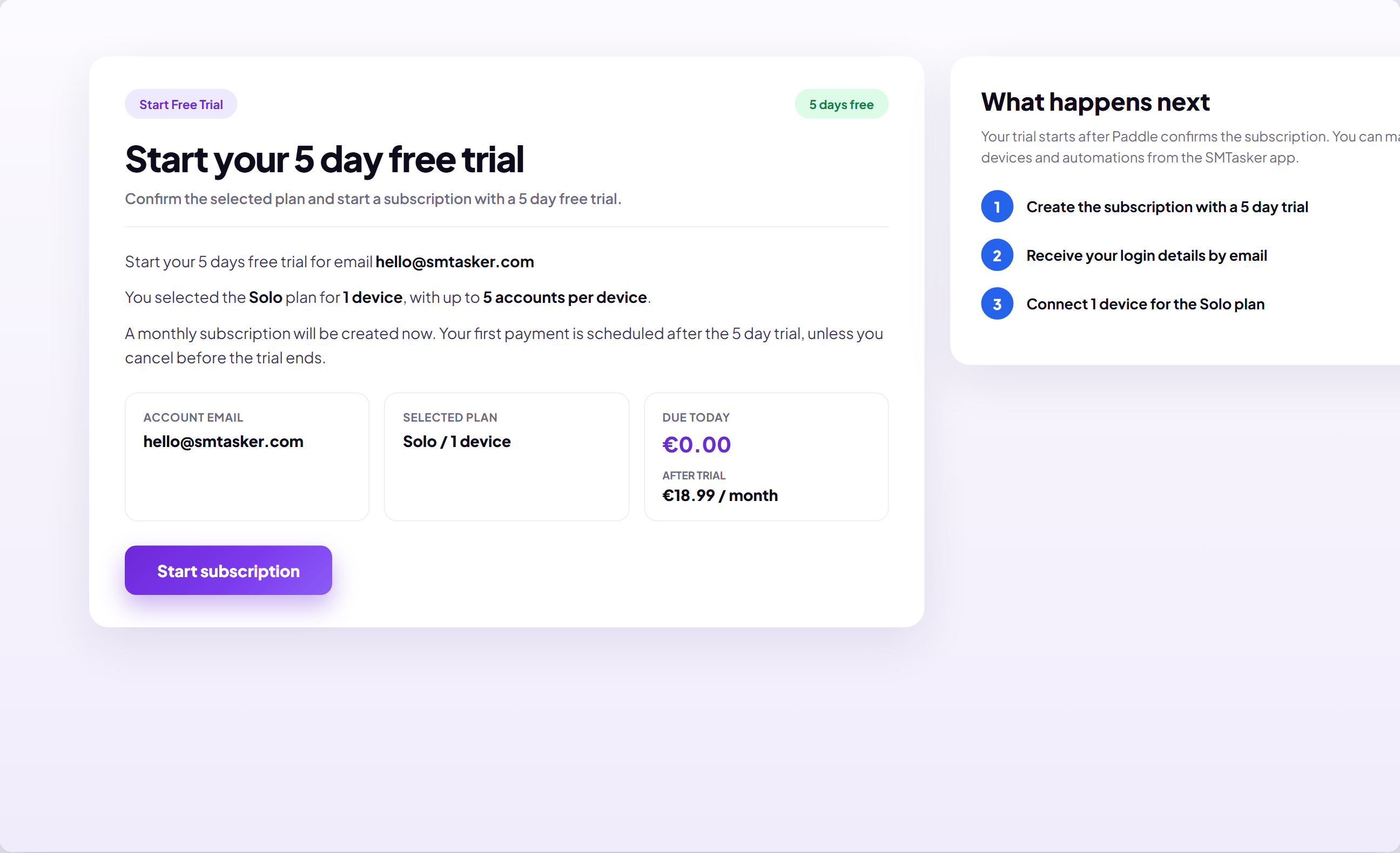 The Start subscription page confirming the plan, account email, and Due today €0.00