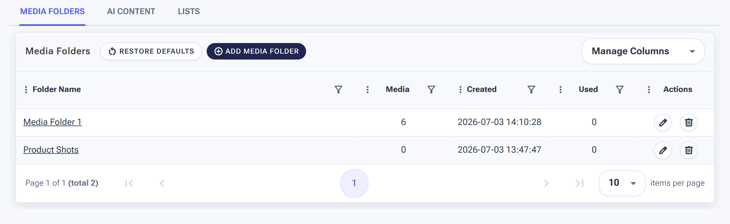 The Content page on the Media Folders tab with the Add Media Folder button and a folder list