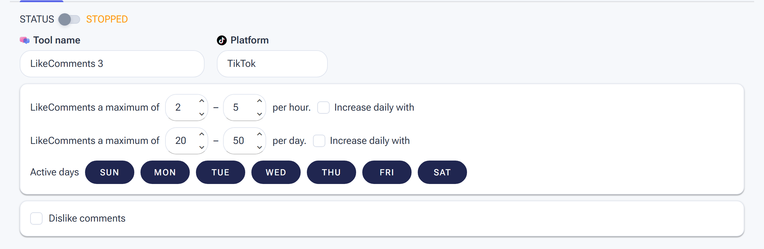 The LikeComments tool Settings tab with hourly and daily ranges and Active days