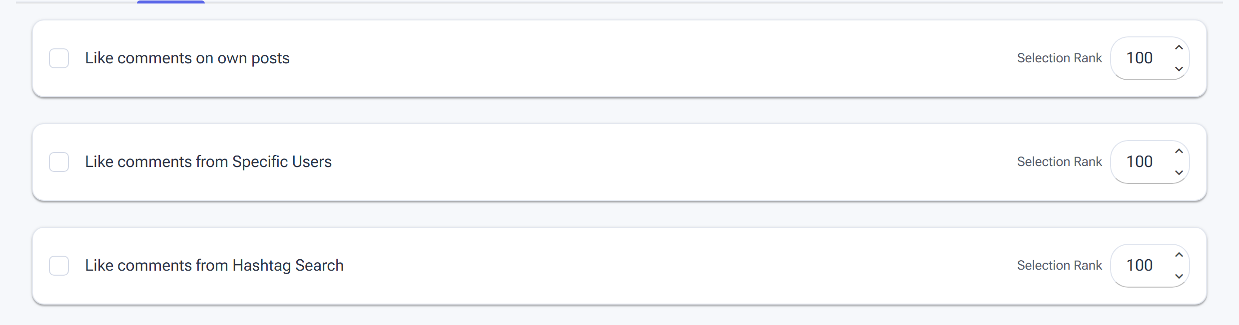 The LikeComments Sources tab with source checkboxes and Selection Rank