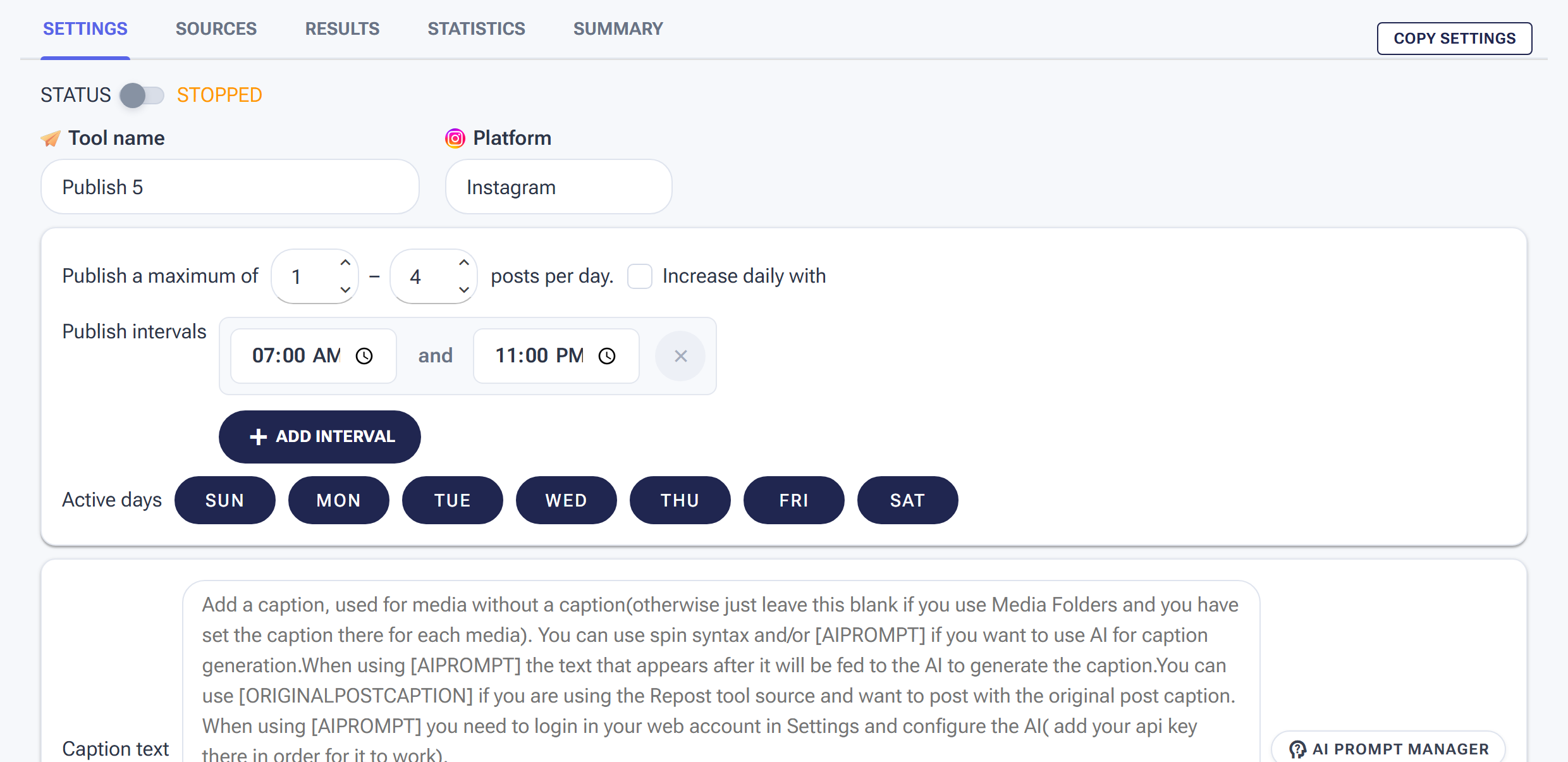 The Publish tool Settings tab with the status toggle and posting rate and schedule controls