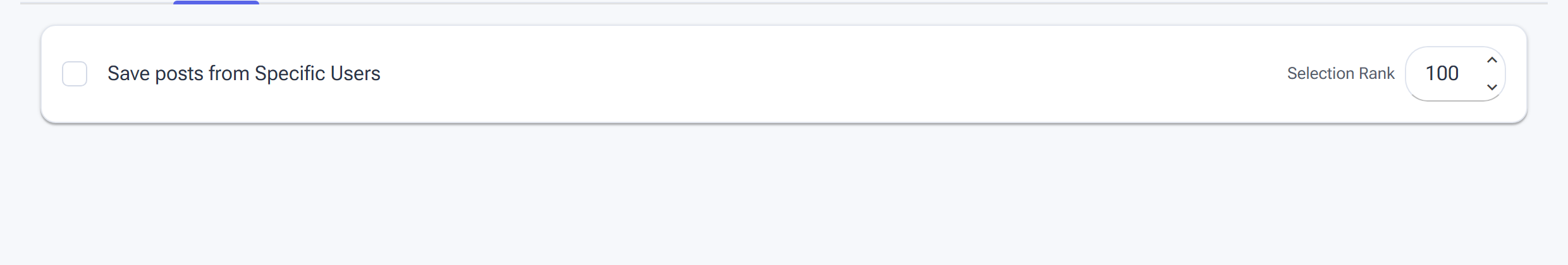 The SavePosts Sources tab with the Save posts from Specific Users source and Selection Rank