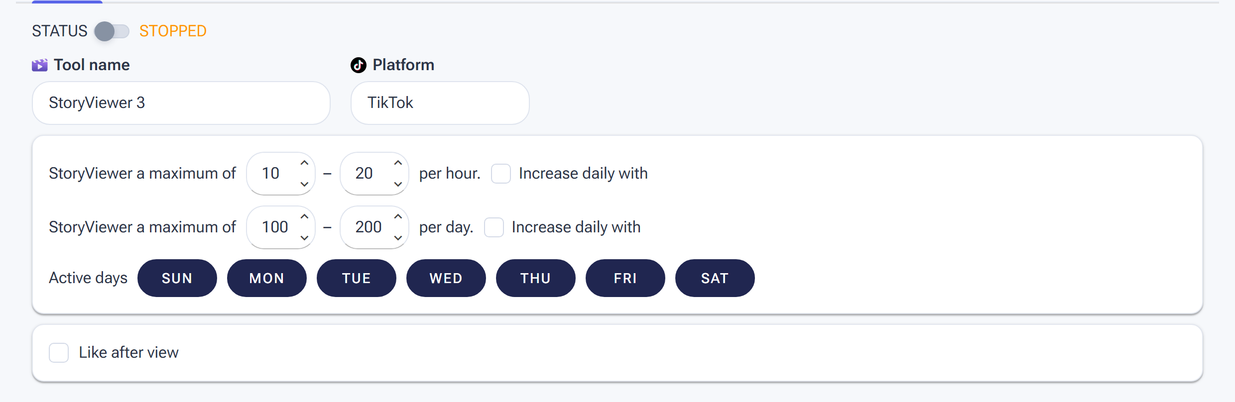 The StoryViewer Settings tab with hourly and daily view ranges, Active days and Like after view