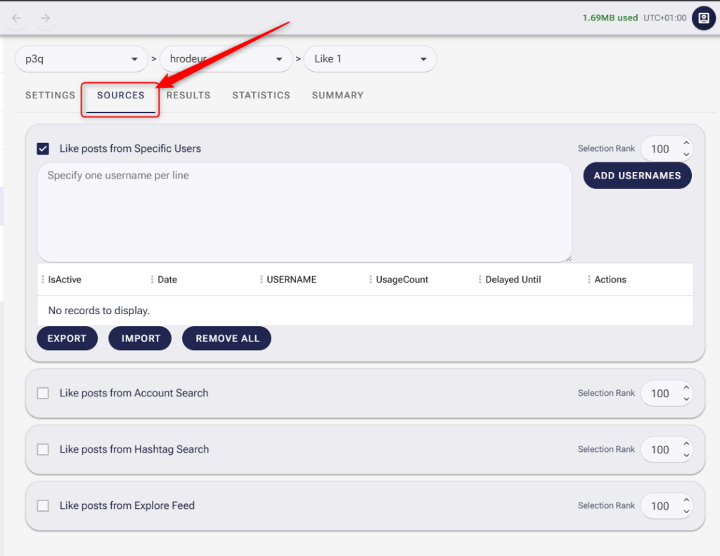 The SMTasker tool Sources tab showing options to add usernames, hashtags, and account search keywords for targeting.