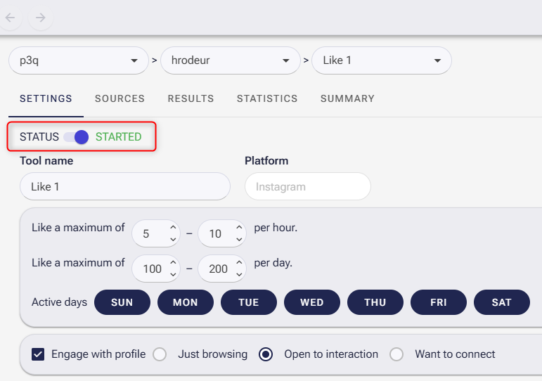 The SMTasker settings tab showing the status toggle flipped to ON and the label displaying a green STARTED status.
