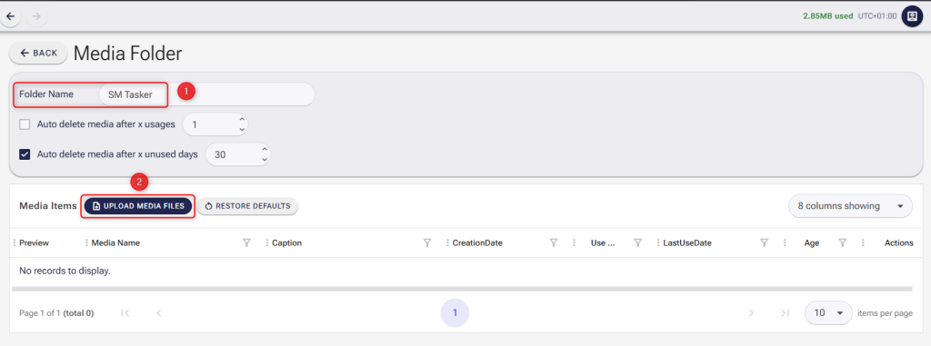 Screenshot of the Media Folder creation page in SMTasker showing the Folder Name field and the Upload Media Files button highlighted with red markers.