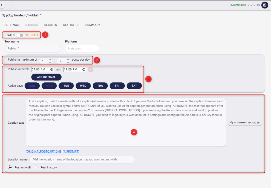 Screenshot of the Publish tool settings in SMTasker showing status toggle, posts per day range, scheduling intervals, and the caption configuration area.