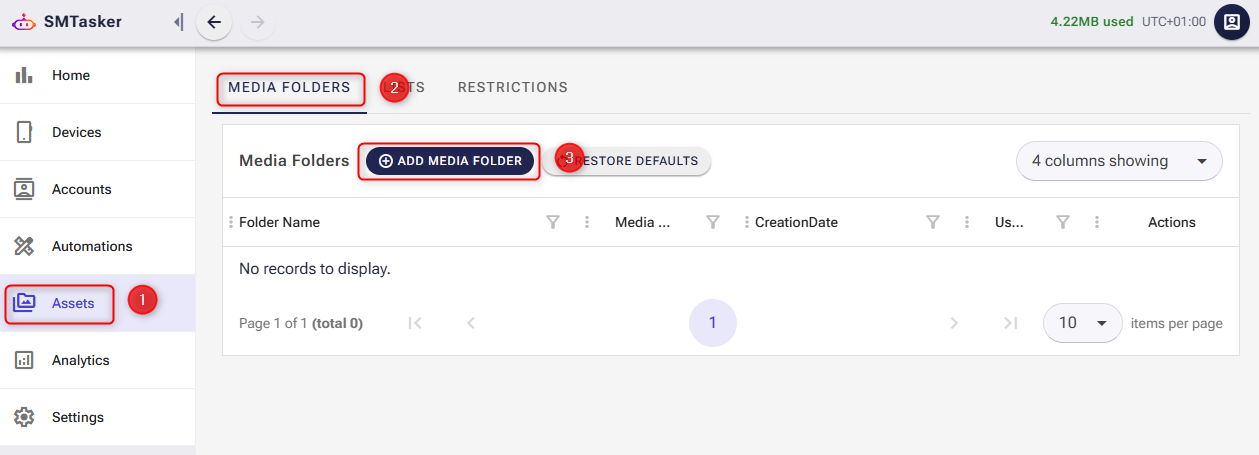 Screenshot of the SMTasker dashboard showing how to navigate to the Assets section, select the Media Folders tab, and click the Add Media Folder button.