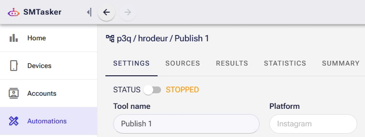Animated GIF showing how to switch the Status toggle from Stopped to On in the Publish tool settings, resulting in a green Started status.