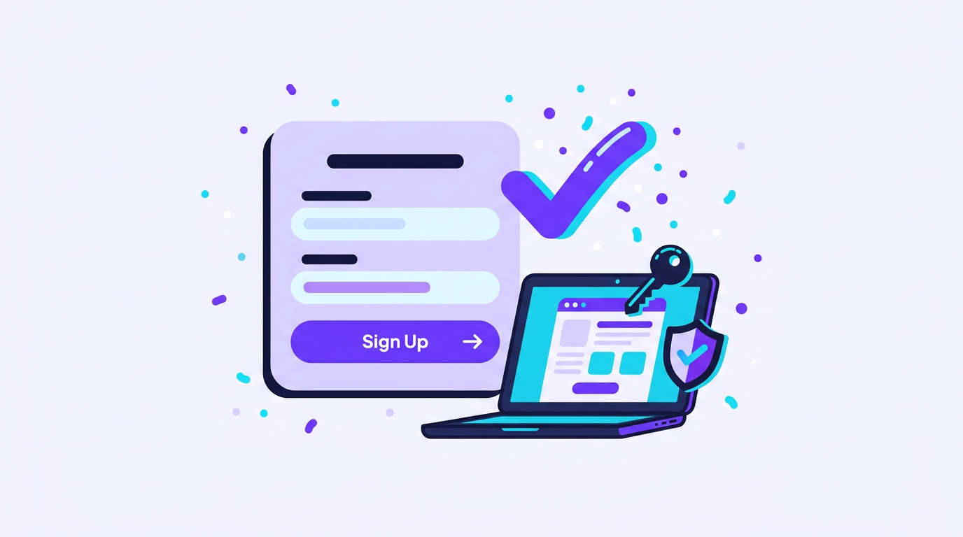 Illustration of a signup form with a checkmark beside a laptop and a security shield icon