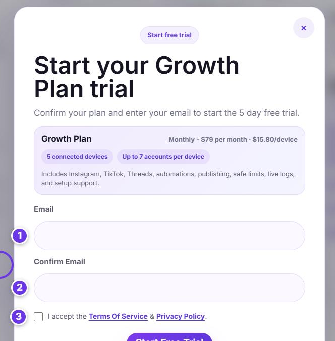 SMTasker trial signup form with numbered callouts: 1 email field, 2 confirm email field, 3 terms of service checkbox