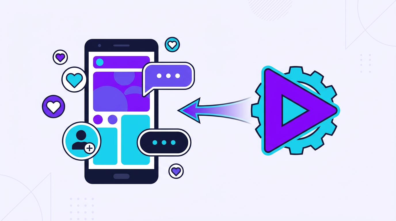 Illustration of an Android phone surrounded by hearts, follow and message icons with a large play button