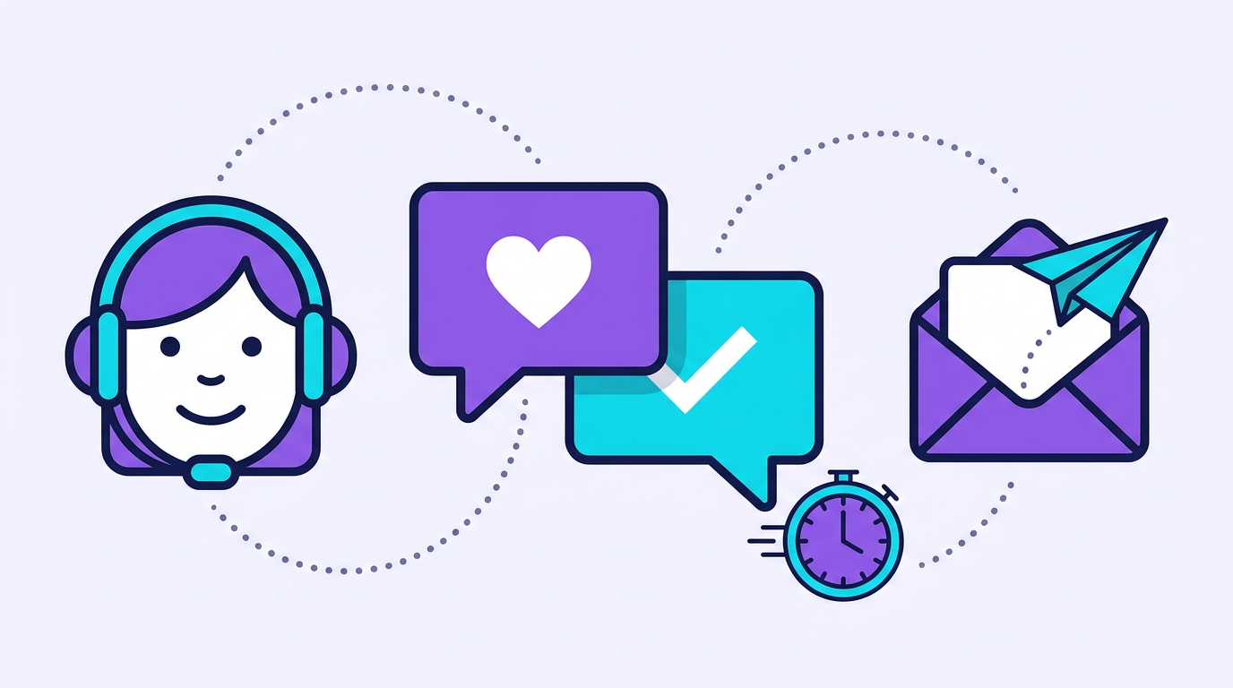 Illustration of a support headset beside a chat bubble and a paper plane flying toward an envelope