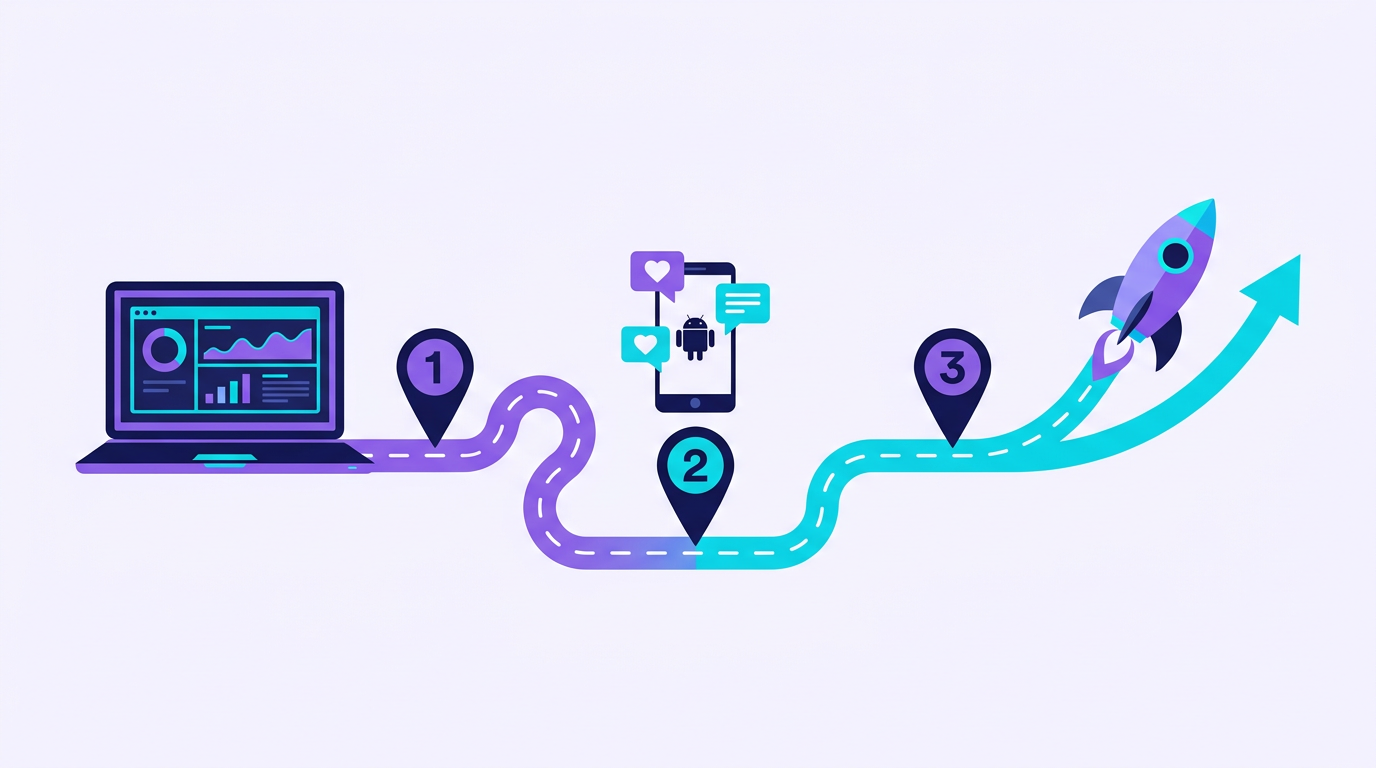 Illustrated roadmap with three milestones: a laptop dashboard, an Android phone with engagement icons, and a rocket launching with a growth arrow
