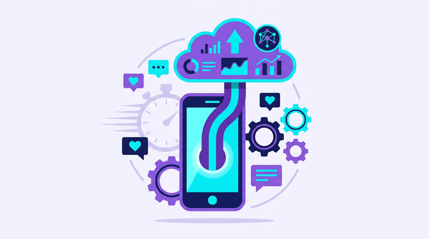 Illustration of a smartphone connected to a cloud dashboard with social media icons orbiting around it