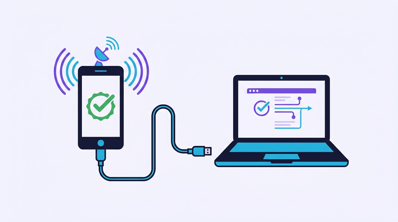 Illustration of a smartphone connected by USB to a laptop with a green checkmark confirming the connection