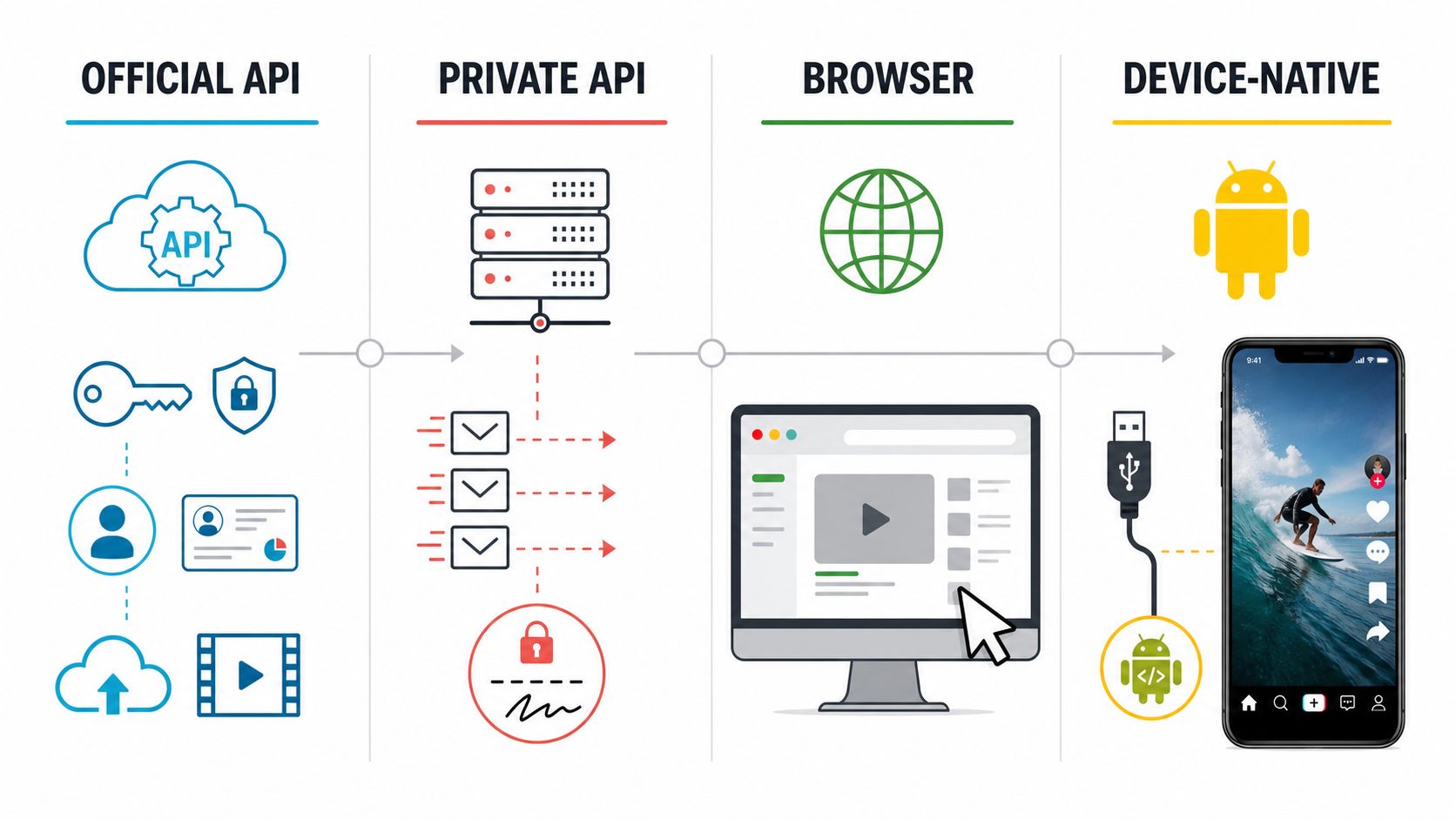 Four TikTok automation architectures compared by execution layer and capabilities